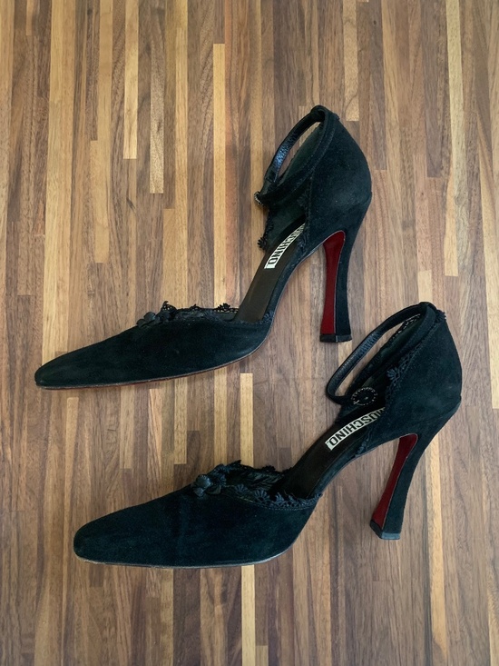 Vintage Moschino Lace Trim Suede Heels - Picture 4 of 13